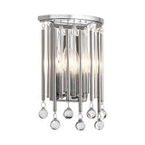 Introducing the Piper 2 Light Wall Light - Polished Chrome, designed with vertical polished chrome bars and adorned with hanging crystal balls. The two light bulbs create captivating reflections through its glass and metal components, making it perfect for adding a touch of elegance to any room.