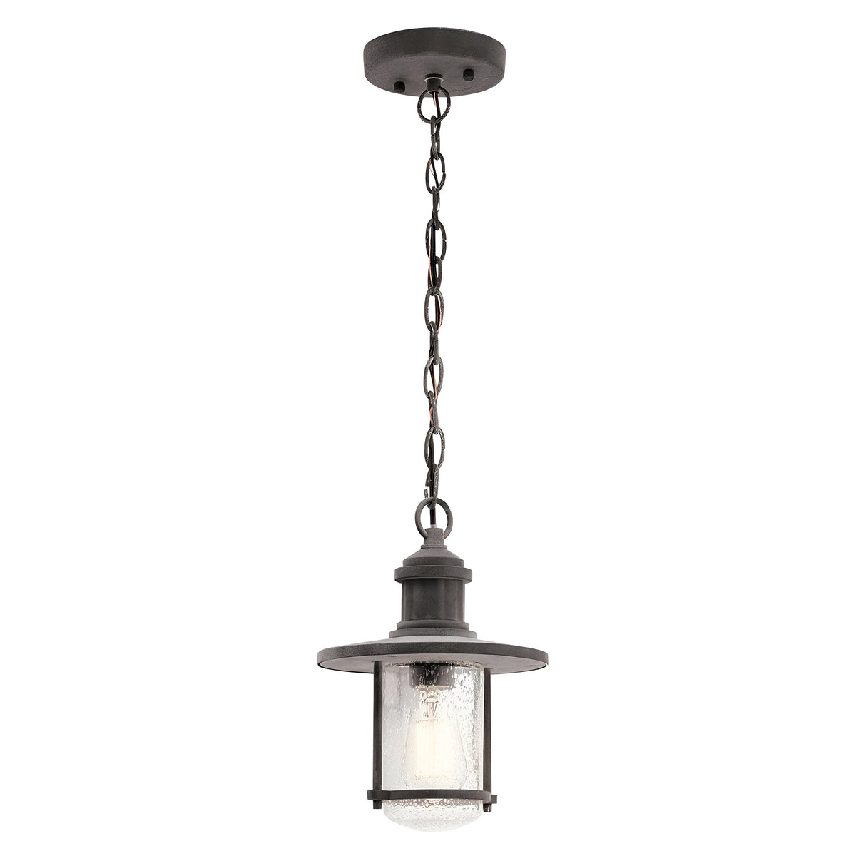 The Riverwood Outdoor 1 Light Chain Pendant in Weathered Zinc showcases a vintage-style hanging light with an industrial charm. Featuring a black metal fixture and glass shade, this nautical pendant is suspended from a chain, making it an ideal addition to any setting.