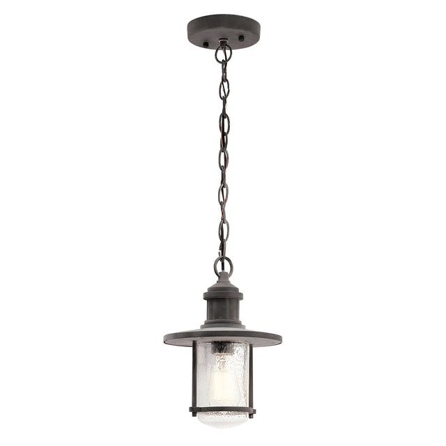 The Riverwood Outdoor 1 Light Chain Pendant in Weathered Zinc showcases a vintage-style hanging light with an industrial charm. Featuring a black metal fixture and glass shade, this nautical pendant is suspended from a chain, making it an ideal addition to any setting.