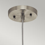 Close-up of the Riviera-2 1 Light Pendant in Brushed Nickel, featuring a round base with two screws on a brushed metal ceiling mount. A cable hangs from the center, secured by a metal fitting that evokes vintage-inspired lighting. The neutral background highlights its minimalist design, making it perfect for kitchen island lighting.