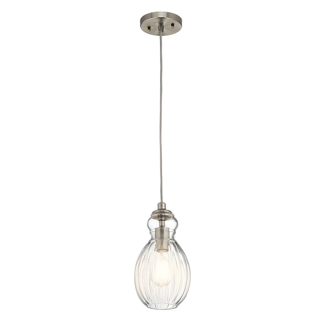 The Riviera-3 1 Light Pendant - Brushed Nickel features a single pendant light with a transparent ribbed glass shade and brushed nickel fittings. Its exposed bulb design showcases a modern, minimalist style infused with vintage-inspired elegance.