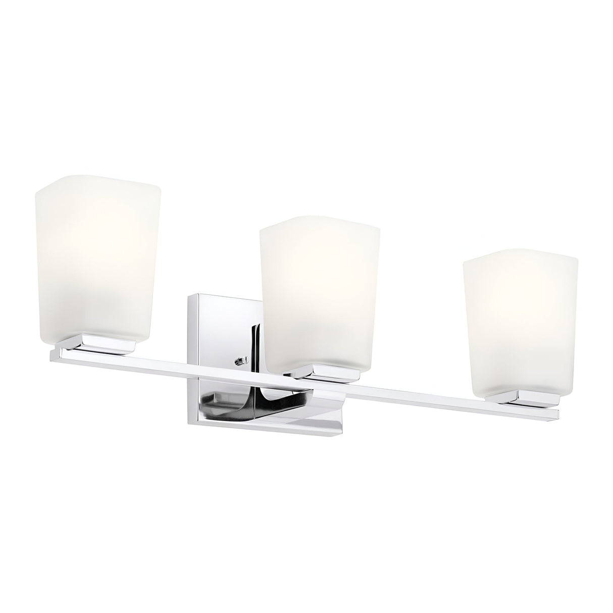 The Roehm 3 Light Wall Light - Polished Chrome showcases a modern design with three opal glass shades arranged in a row. This fixture, mounted on a polished chrome base, embodies sleek minimalism, making it ideal for contemporary spaces.