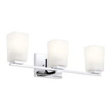 The Roehm 3 Light Wall Light - Polished Chrome showcases a modern design with three opal glass shades arranged in a row. This fixture, mounted on a polished chrome base, embodies sleek minimalism, making it ideal for contemporary spaces.