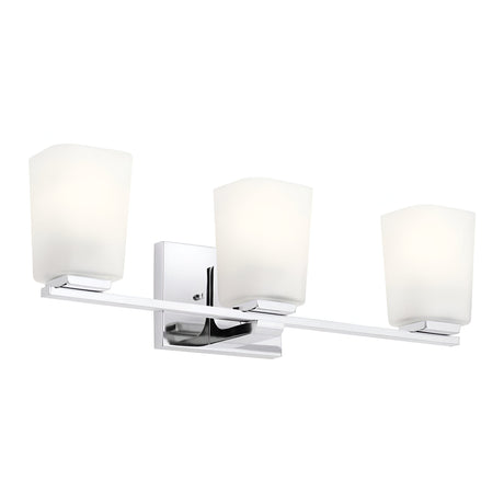 The Roehm 3 Light Wall Light - Polished Chrome showcases a modern design with three opal glass shades arranged in a row. This fixture, mounted on a polished chrome base, embodies sleek minimalism, making it ideal for contemporary spaces.