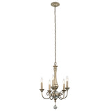 The Rosalie 5 Light Mini Chandelier in Sterling Gold boasts a vintage style with five candle-like light bulbs and an ornate central column. It hangs from a long chain, showcasing an elegant design with Antique Mercury Glass accents, making it ideal for classic or traditional interiors.
