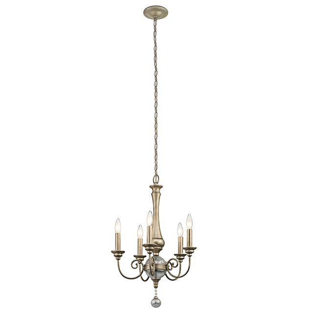 The Rosalie 5 Light Mini Chandelier in Sterling Gold boasts a vintage style with five candle-like light bulbs and an ornate central column. It hangs from a long chain, showcasing an elegant design with Antique Mercury Glass accents, making it ideal for classic or traditional interiors.