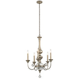 The Rosalie 5 Light Chandelier in Sterling Gold is suspended from a chain and boasts an antique mercury glass finish. It features five candle-like lights and intricate metalwork, completed by a crystal pendant at the base, enhancing its elegant Williamsburg design.