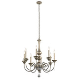Introducing the Rosalie 8 Light Chandelier in Sterling Gold, this elegant piece boasts a brushed metal finish with eight candle-style light bulbs gracefully arranged on curved arms in a Williamsburg design. It is suspended from a chain, offering an exquisite and vintage allure.