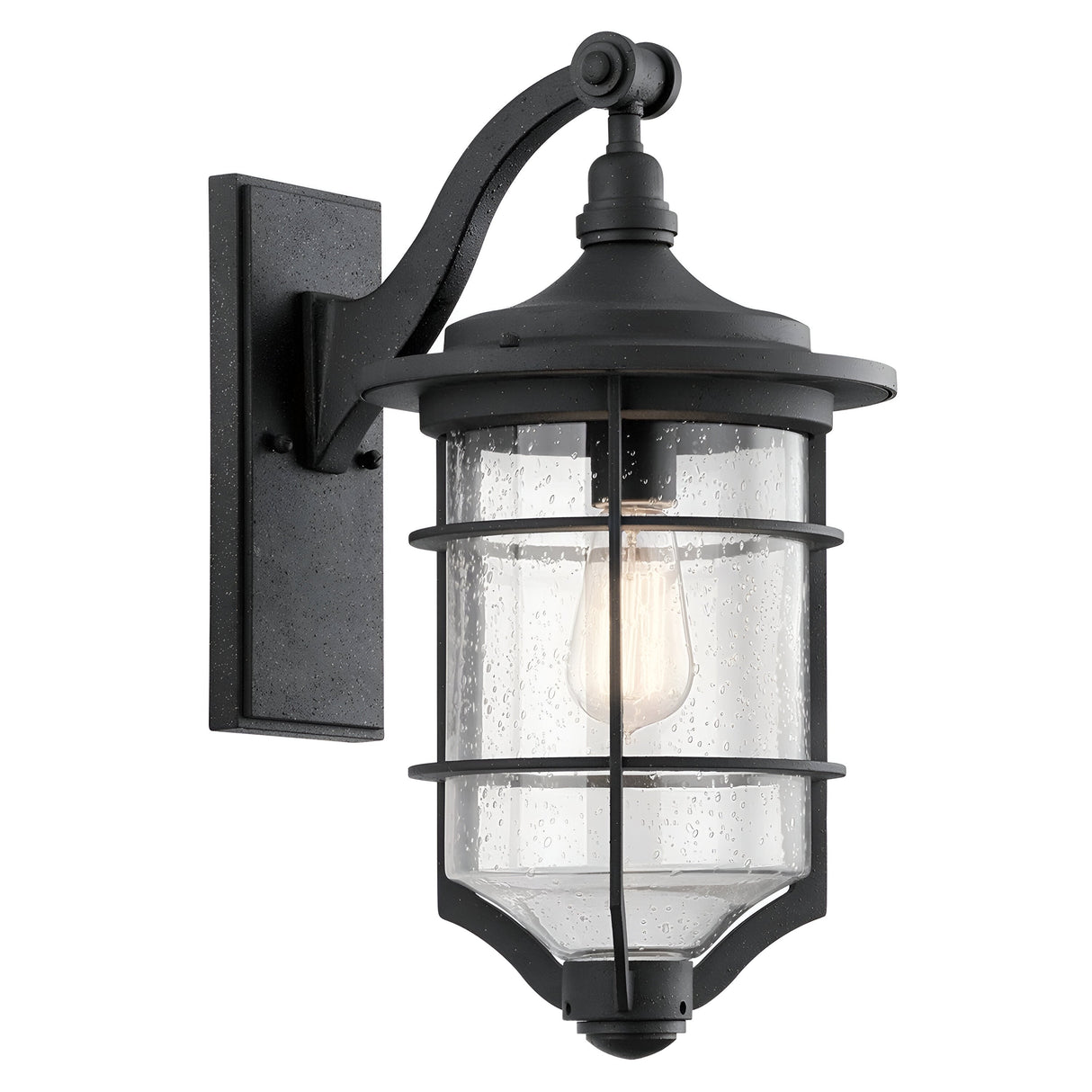 The Royal Marine Outdoor 1 Light Medium Wall Lantern - Black showcases a black metal frame paired with clear, textured glass. Featuring a vintage-style bulb within and mounted on a rectangular base, this lantern exudes a classic nautical-inspired look that adds timeless charm to your outdoor lighting.