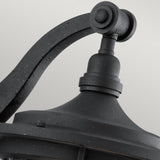 Close-up of the Royal Marine Outdoor 1 Light Medium Wall Lantern in black, featuring a curved arm and round top that enhance its timeless vintage appeal. The surface glistens with droplets from recent rain, set against a plain light gray background that highlights this charming piece of outdoor lighting.