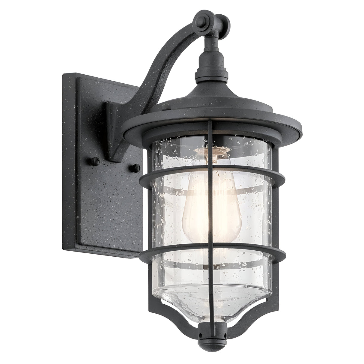 The Royal Marine Outdoor 1 Light Small Wall Lantern in Black features a clear seeded glass shade and a vintage-style bulb. It showcases an elegant design with a curved arm and rectangular wall mount, perfectly complementing a nautical aesthetic.