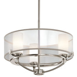 Introducing the Saldana 3 Light Chandelier - Silver, a modern ceiling pendant light featuring a wide, circular brushed metal frame and a sheer organza drum shade. It elegantly houses three frosted glass cylinders as stylish light diffusers and is gracefully suspended from a slender rod.
