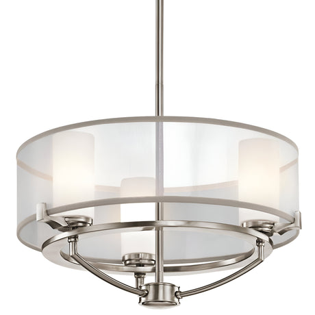 Introducing the Saldana 3 Light Chandelier - Silver, a modern ceiling pendant light featuring a wide, circular brushed metal frame and a sheer organza drum shade. It elegantly houses three frosted glass cylinders as stylish light diffusers and is gracefully suspended from a slender rod.