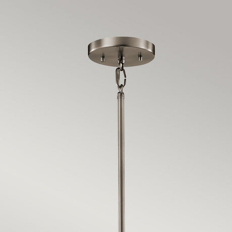 Close-up of the Silver Coral 1 Light Mini Pendant in a brushed nickel finish, featuring a circular base and a rod connected by a metal chain, exuding a contemporary feel. Its sleek design reflects the elegance of nature-inspired elements, set against a plain light grey background.