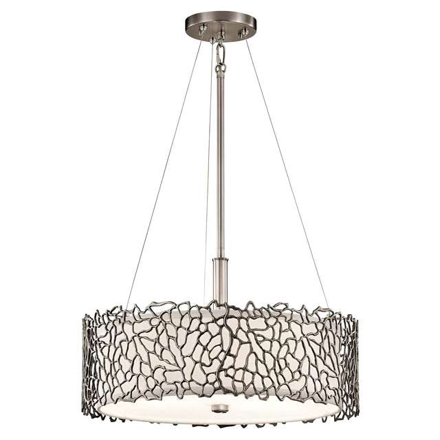 The Silver Coral 3 Light Pendant/Semi-Flush - Silver is a contemporary lighting masterpiece, showcasing textured metalwork in a broad, circular abstract design. This modern chandelier features a sleek silver finish paired with a white light diffusing shade, elegantly suspended from a central rod with supportive cables.