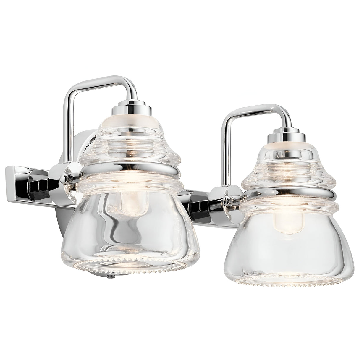 Introducing the Talland 2 Light Wall Light in Polished Chrome, featuring a modern design with two vintage-inspired glasswork shades. This sleek metal fixture and clear glass elegantly display the light bulbs within, offering a contemporary aesthetic that complements various interior styles.