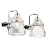 Introducing the Talland 2 Light Wall Light in Polished Chrome, featuring a modern design with two vintage-inspired glasswork shades. This sleek metal fixture and clear glass elegantly display the light bulbs within, offering a contemporary aesthetic that complements various interior styles.
