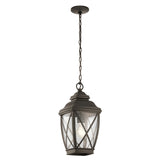 The Tangier Outdoor 1 Light Medium Chain Pendant in an olde bronze finish showcases a crisscross frame design, crafted with dark metal and clear glass panels. The visible light bulb inside is elegantly suspended by a chain, adding sophistication to any space.