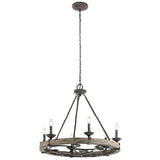 The Taulbee 6 Light Chandelier boasts a lodge-inspired design with a circular metal frame in a weathered zinc finish, complemented by six candle-style light bulbs suspended by chains. Its fusion of industrial and vintage styles makes it an ideal choice for farmhouse or loft-style interiors.