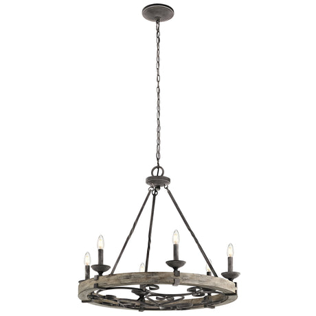 The Taulbee 6 Light Chandelier boasts a lodge-inspired design with a circular metal frame in a weathered zinc finish, complemented by six candle-style light bulbs suspended by chains. Its fusion of industrial and vintage styles makes it an ideal choice for farmhouse or loft-style interiors.