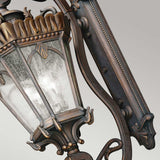 The Tournai Outdoor 4 Light Grand Extra Large Wall Lantern in bronze boasts intricate leaf designs and seedy glass panels, adding a vintage aesthetic against a neutral background.