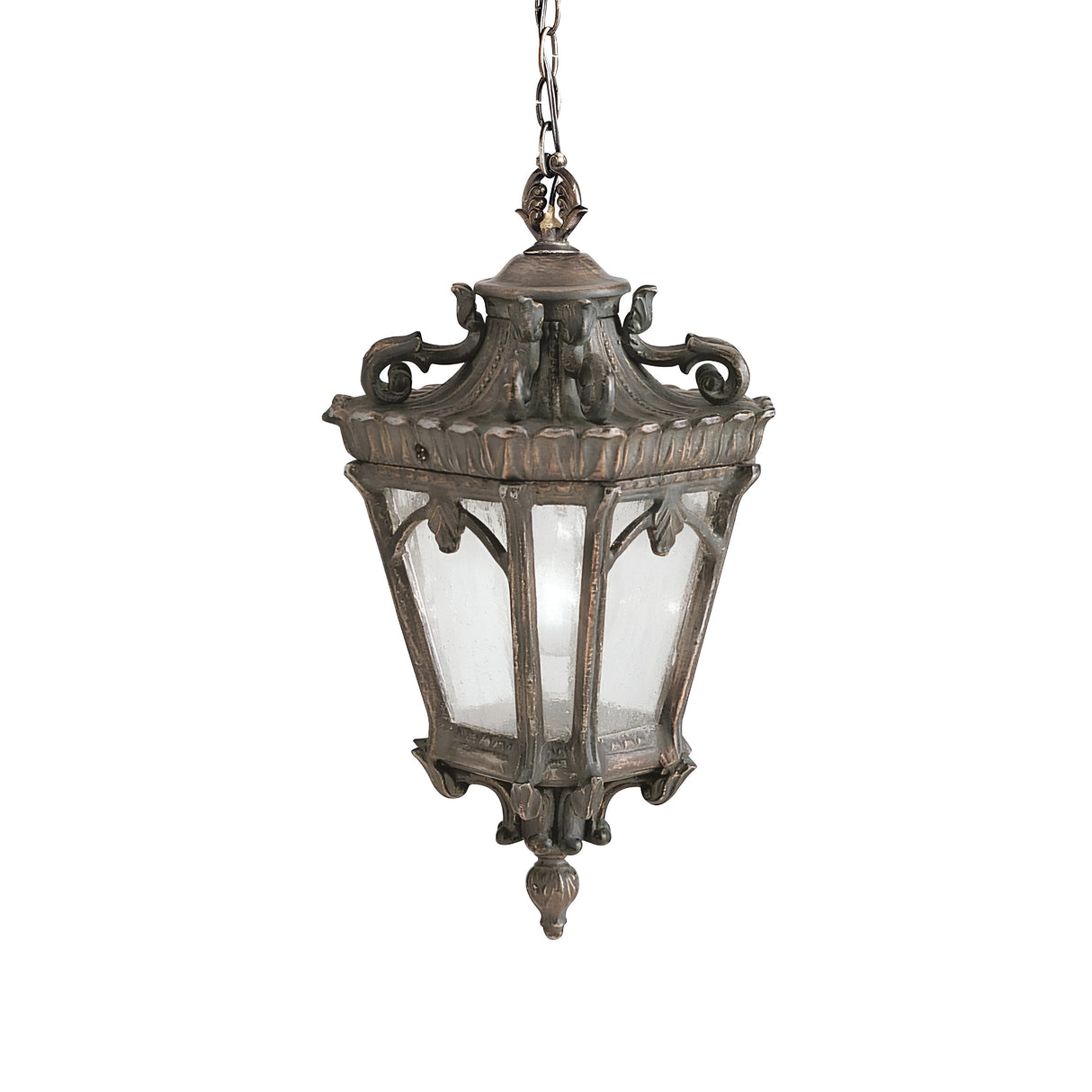The Tournai Outdoor 3 Light Extra Large Chain Pendant - Bronze features clear glass panels and intricately designed bronze metalwork in an ornate, European style. It is elegantly suspended from a matching bronze chain.