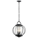The Vandalia Outdoor 3 Light Large Chain Pendant in black features a sleek metal design with a chain leading to an enclosed, globe-shaped, clear speckled glass lantern. This modern fixture contains three vertical bulbs and is perfect for both indoor and IP44 weatherproof outdoor lighting needs.