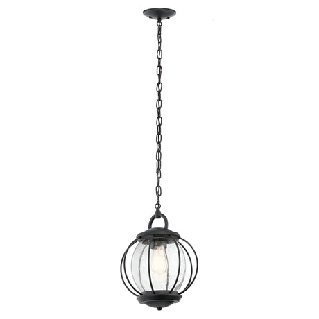 The Vandalia Outdoor 1 Light Medium Chain Pendant in Black boasts a modern design with a round glass enclosure encased in a refined black metal cage, making it ideal for outdoor lighting. It hangs gracefully from a sturdy black chain.