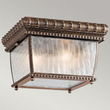 Introducing the Venetian Rain Outdoor 2 Light Flush in brushed bronze, featuring a vintage brass finish with intricate beaded detailing. Its textured glass panels and Renaissance-inspired design elements offer a timeless and sophisticated elegance to any space.