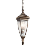 A Venetian Rain Outdoor 2 Light Chain Pendant with vintage style showcases a detailed brushed bronze finish and ribbed rain glass panels. Hanging gracefully by a chain, it boasts a classic, ornate design with visible light bulbs inside.