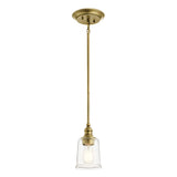 The Waverly 1 Light Mini Pendant - Natural Brass boasts a vintage-inspired design with a clear glass shade and an exposed bulb. Its straight brass rod connects seamlessly to the ceiling mount, creating a perfect blend of classic charm and modern aesthetics.