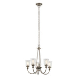 The Waverly 5 Light Chandelier - Silver features a timeless design with five lights gracefully suspended from a long chain. Its silver metal body elegantly supports the seeded glass shades that envelop the bulbs, creating a sophisticated and classic appeal.