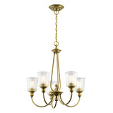 The Waverly 5 Light Chandelier - Natural Brass features a design with five arms, each embellished with seeded glass shades and bulbs. It is suspended from a chain, exemplifying vintage lighting style and classic elegance.