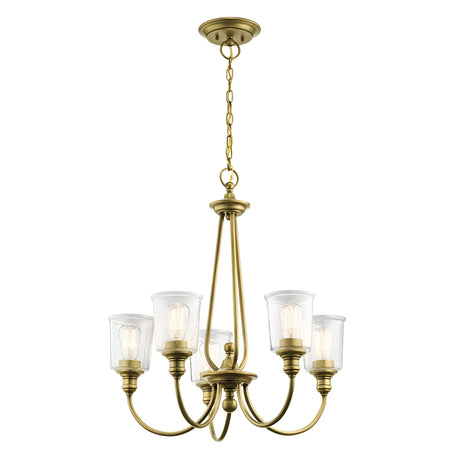 The Waverly 5 Light Chandelier - Natural Brass features a design with five arms, each embellished with seeded glass shades and bulbs. It is suspended from a chain, exemplifying vintage lighting style and classic elegance.