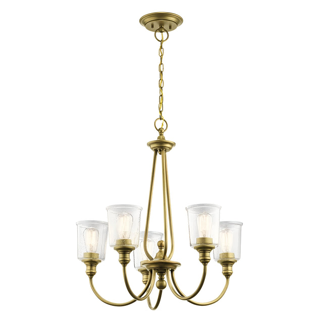 The Waverly 5 Light Chandelier - Natural Brass features a design with five arms, each embellished with seeded glass shades and bulbs. It is suspended from a chain, exemplifying vintage lighting style and classic elegance.