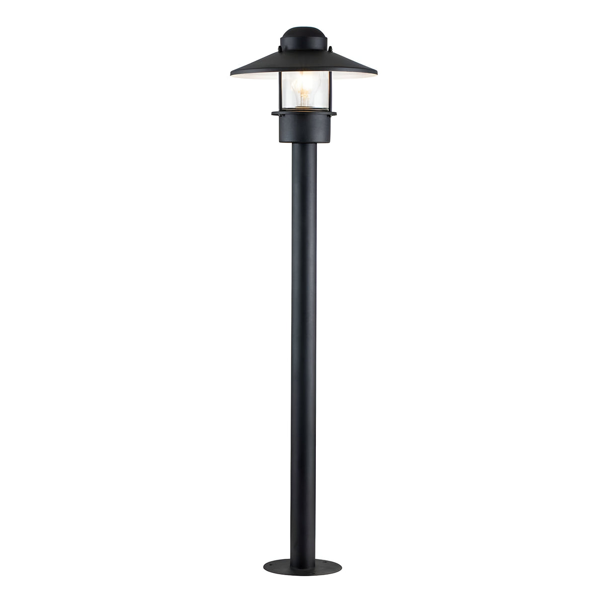 Introducing the Klampenborg 1 Light Bollard - Black, a tall outdoor lamp post with a modern design. It features a clear glass enclosure housing a light bulb and boasts a sleek pole reminiscent of the Klampenborg style. Its pointed roof and round base add an elegant touch to any outdoor lighting arrangement.