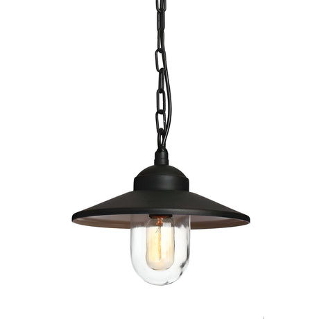 The Klampenborg 1 Light Outdoor Chain Pendant in black showcases an industrial aesthetic with its metal shade, clear glass globe, and visible filament bulb. Elegantly suspended from a chain, this Scandinavian lantern design harmoniously merges modern and vintage styles, providing IP44 rated durability for versatile functionality.