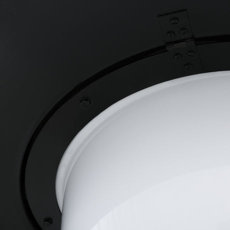 Close-up of the Knightsdale bell pendant light in matt black, showing the metal rim with visible screws and bracket above the opal glass shade, IP44 rated.