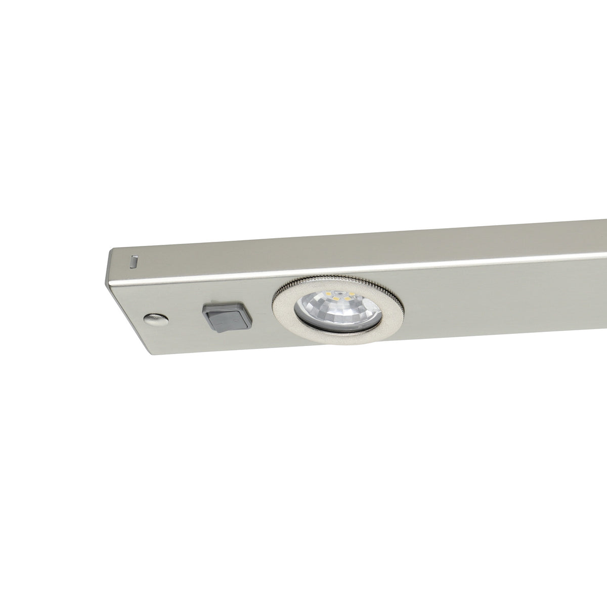 Kob Under Cabinet Light in satin nickel, close-up of the slim steel bar showing one round integrated LED spotlight and rocker switch, on a plain white background.