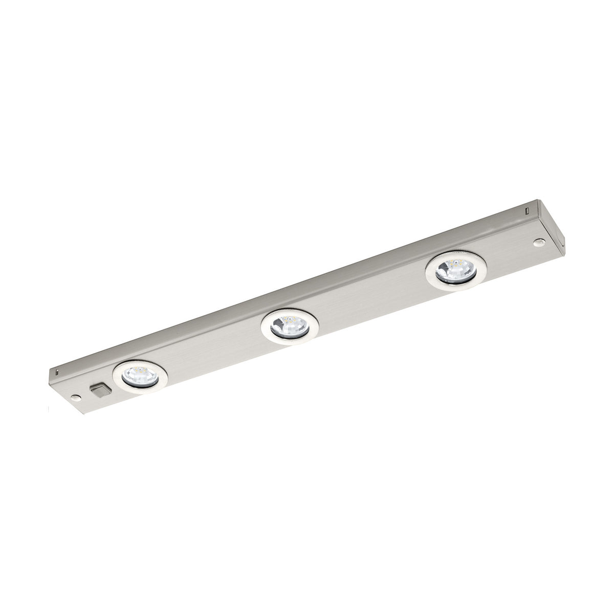 Kob Under Cabinet Light in satin nickel, a slim steel bar with three round integrated LED spotlights and a rocker switch at one end, shown on a plain white background.