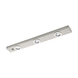 Kob Under Cabinet Light in satin nickel, a slim steel bar with three round integrated LED spotlights and a rocker switch at one end, shown on a plain white background.