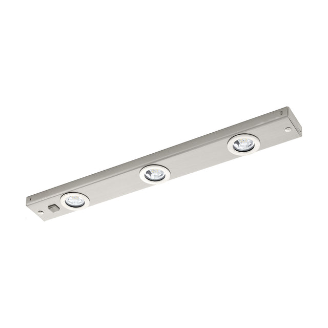 Kob Under Cabinet Light in satin nickel, a slim steel bar with three round integrated LED spotlights and a rocker switch at one end, shown on a plain white background.