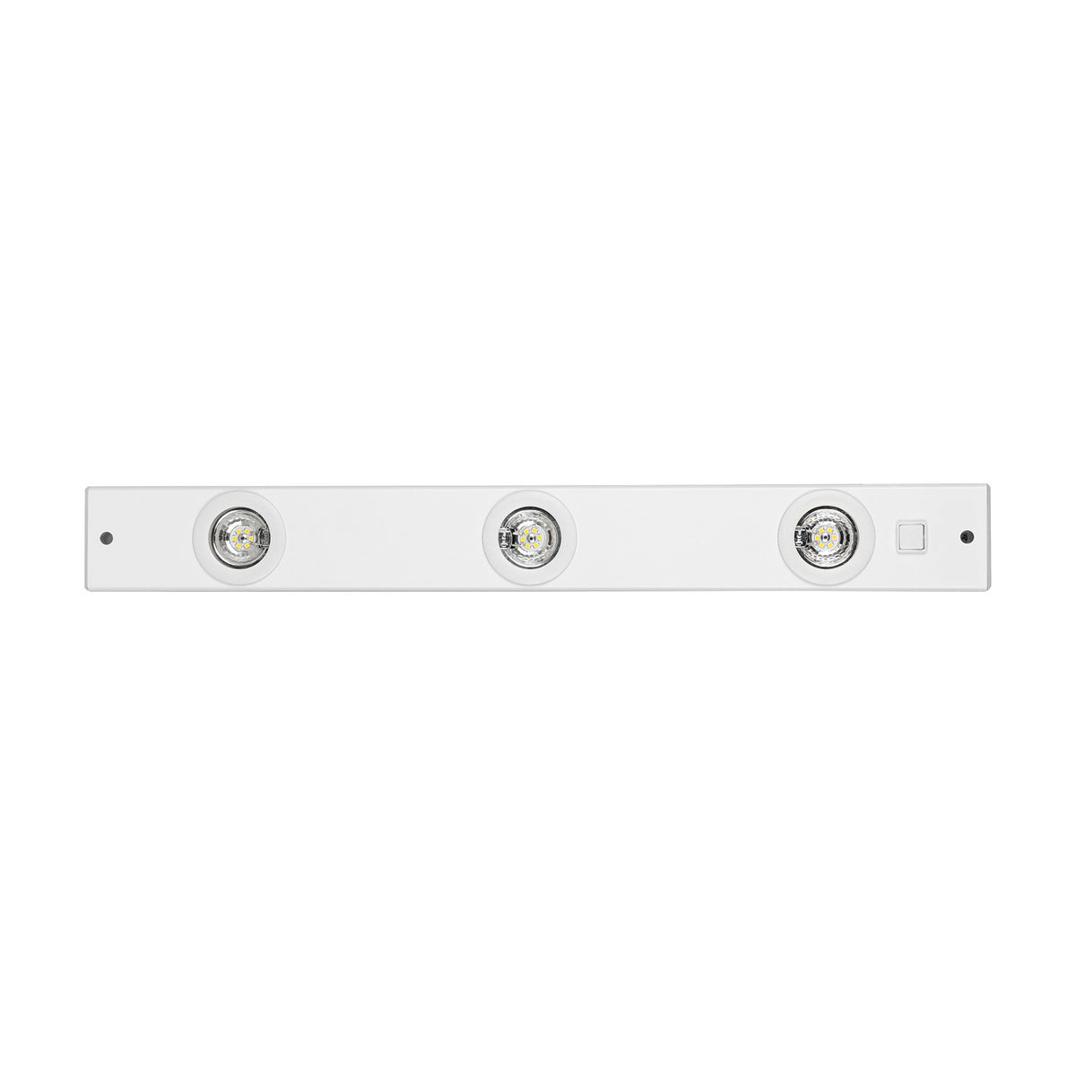 Kob Under Cabinet Light in white, a slim steel bar with three round integrated LED spotlights and a switch, shown on a plain background.
