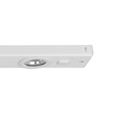Close-up of the Kob under cabinet light in white steel, showing a round integrated LED spotlight and on/off switch on a slim bar, set against a plain background.
