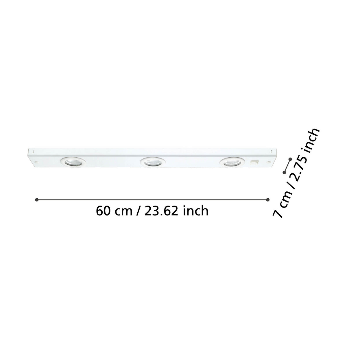Kob Under Cabinet Light in white steel, a slim bar with three round integrated LED spotlights, shown with dimensions of 60cm length and 7cm width on a white background.