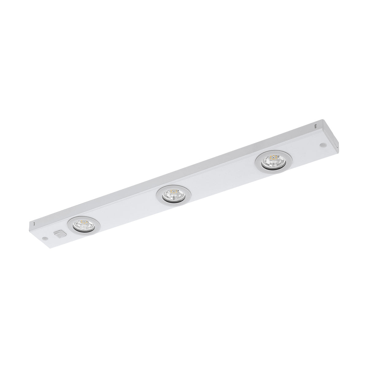 Kob Under Cabinet Light in white steel, a slim bar with three round integrated LED spotlights, shown on a plain white background.