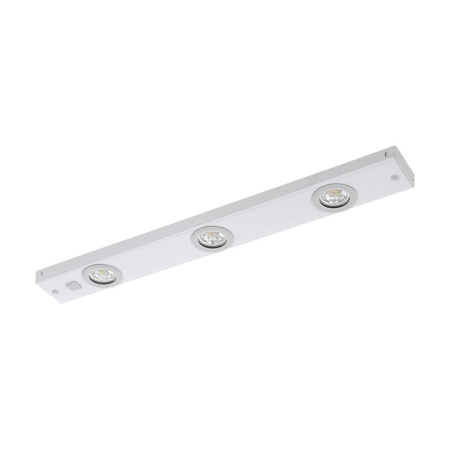 Kob Under Cabinet Light in white steel, a slim bar with three round integrated LED spotlights, shown on a plain white background.