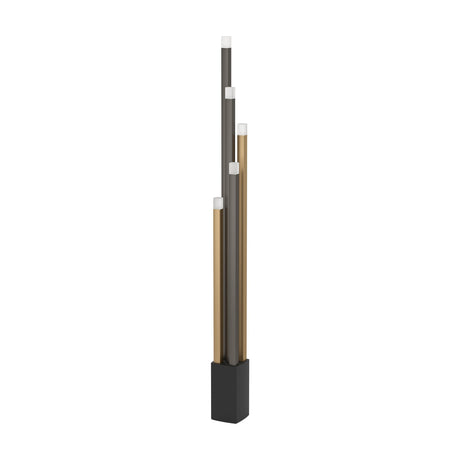 Korbelle LED Floor Lamp with five staggered square uprights in dark brown and gold, each topped with a frosted cap, set on a black square base against a plain white background.