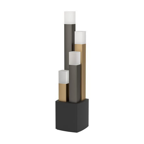 Korbelle LED table lamp with four stepped square columns in black, brown and gold, each topped with a cube-shaped satin shade, set on a black square base against a plain white background.