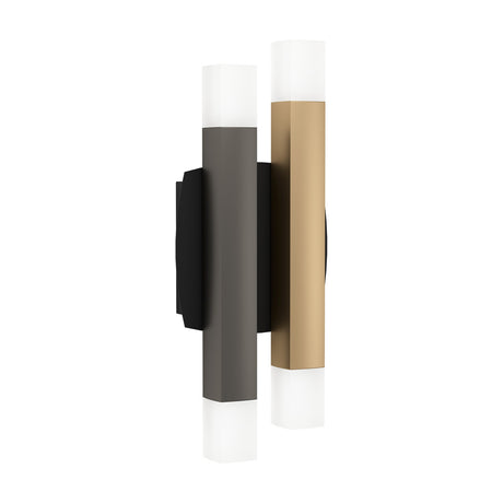 Korbelle LED wall light with grey and brown square bars offset in height on a black backplate, each ending in frosted diffusers, shown on a plain white background.
